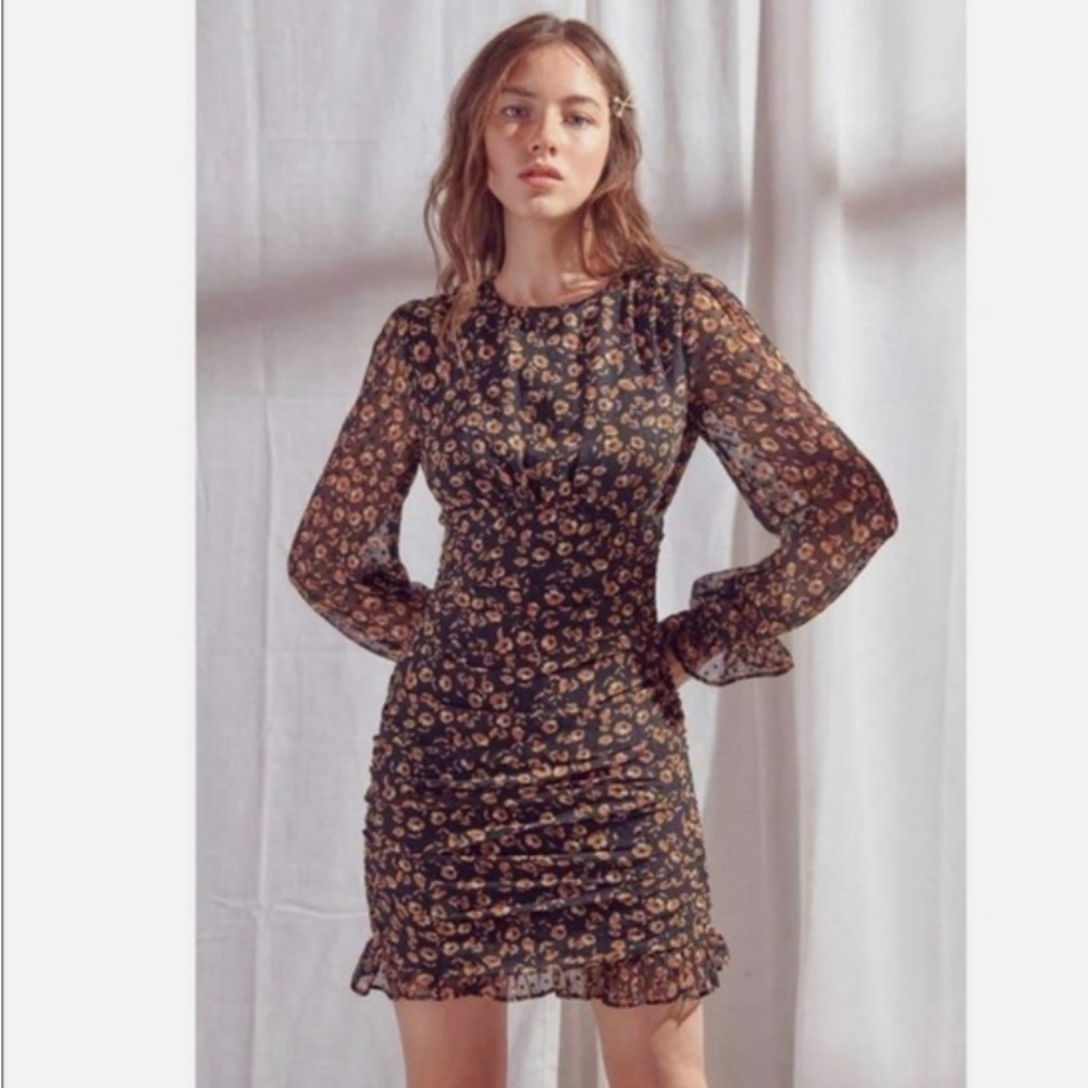 Storia Floral Print Long Sleeve Ruched Mini Dress Black Size S